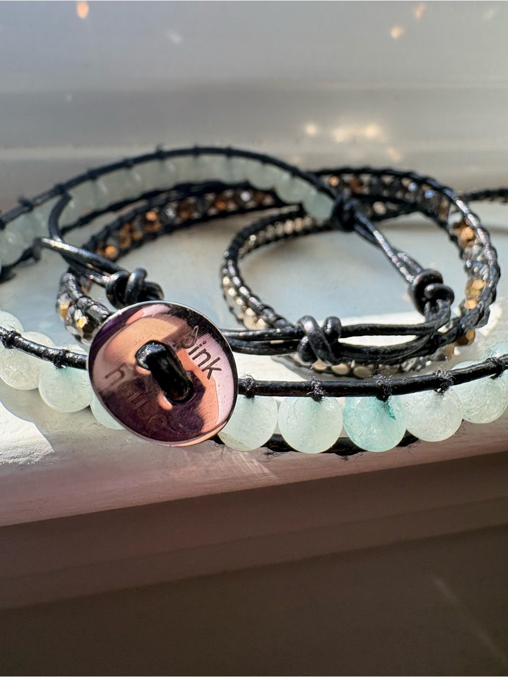 Pink House Seafoam Beaded Wrap Bracelet with Pink Shimmer Button